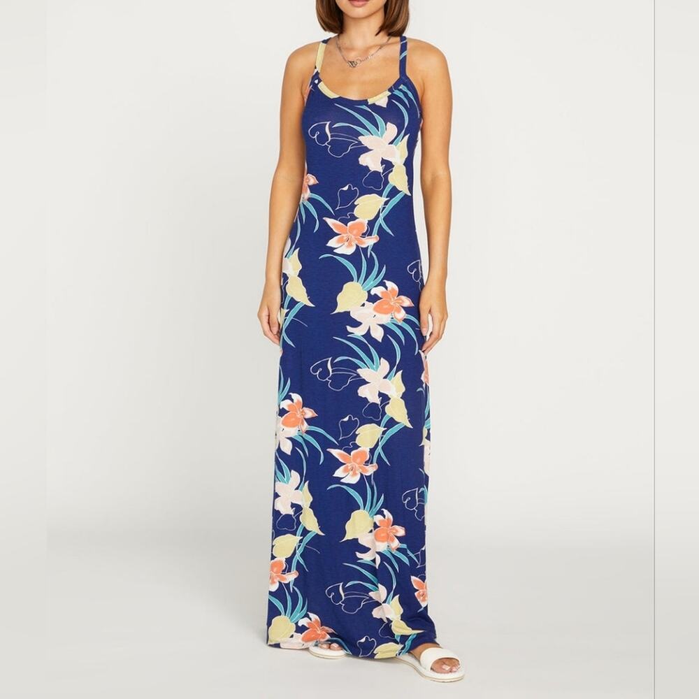 Volcom Cabananana Tropical Floral Maxi Dress Navy Racerback XL/12 - Picture 9 of 9